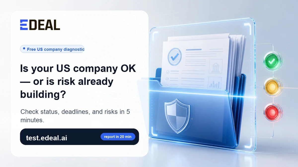 Checking the health of a US company — illustration for the free diagnostic on edeal.ai