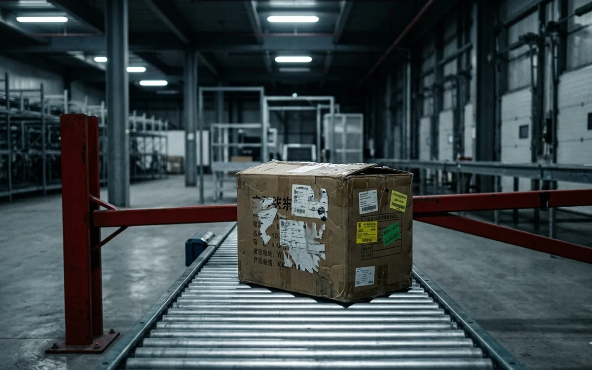 Small international parcel with an $800 price tag and a red customs clearance stamp — illustration of the US de minimis repeal
