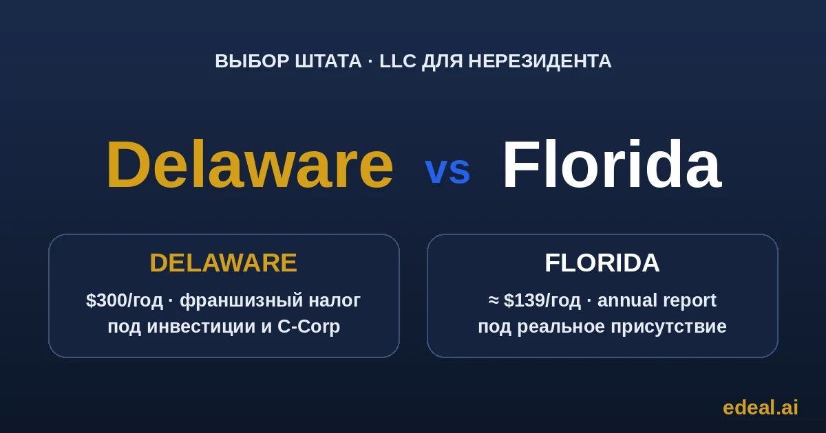 Сравнение Delaware и Florida для LLC нерезидента — два указателя с гербами штатов и весами посередине
