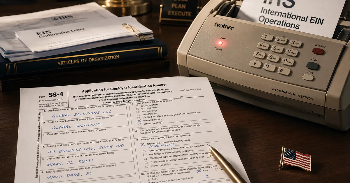 A filled-out IRS Form SS-4, a fax machine with a connection indicator, and an IRS international fax number printout