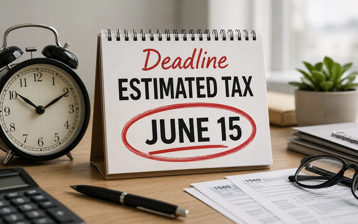 IRS Form 1040-ES next to a calendar with June 15 circled — illustration of the US quarterly estimated tax deadline