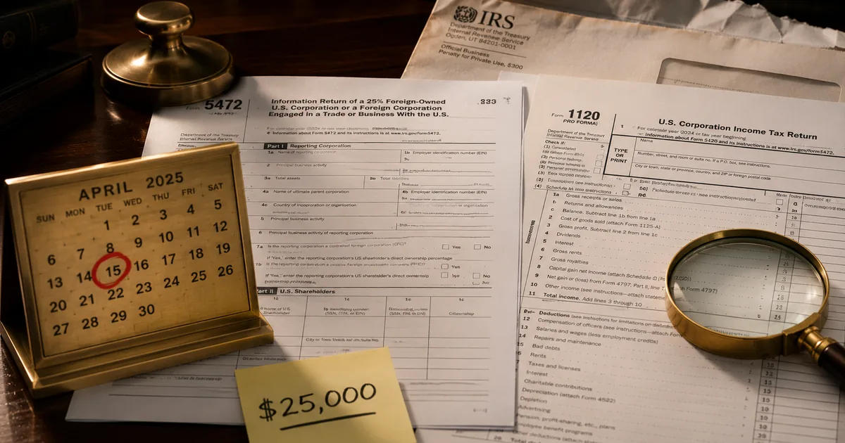 IRS Form 5472, a pro forma 1120, an April 15 calendar and a $25,000 sticker