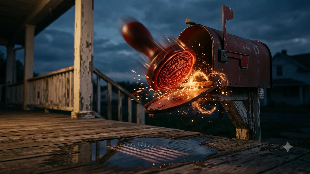 A mailbox with an IRS wax seal bursting out — illustration of automatic Form 5472 penalties in 2026