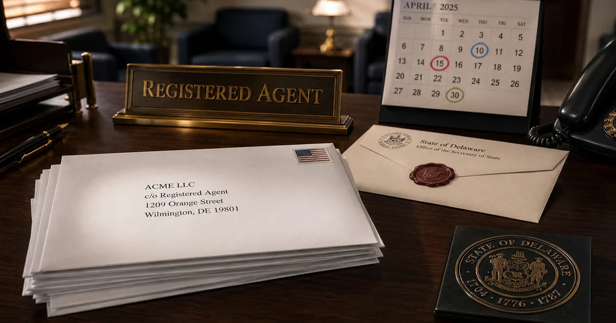 An office mail desk with envelopes addressed to an LLC and a Registered Agent nameplate — the intermediary between the state and the company