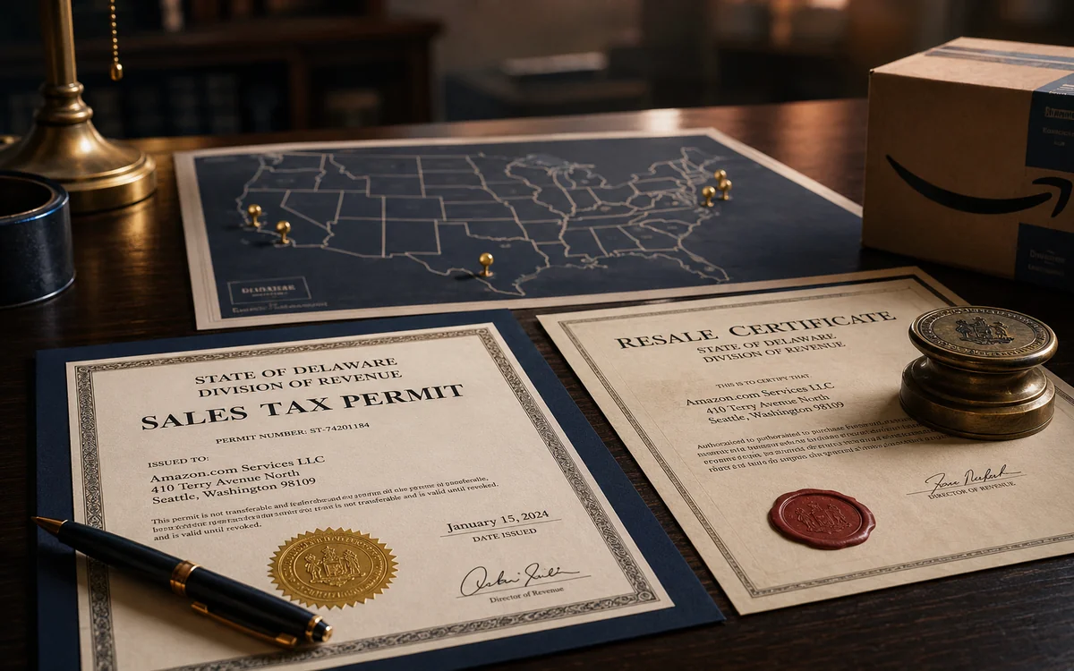 Resale Certificate and Sales Tax Permit documents on a desk next to Amazon FBA packaging — illustration of registration in the prep-center state