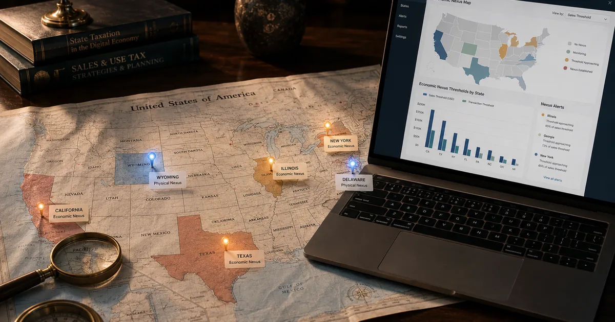 A US map with highlighted nexus states and a TaxJar/Avalara dashboard — sales tax automation