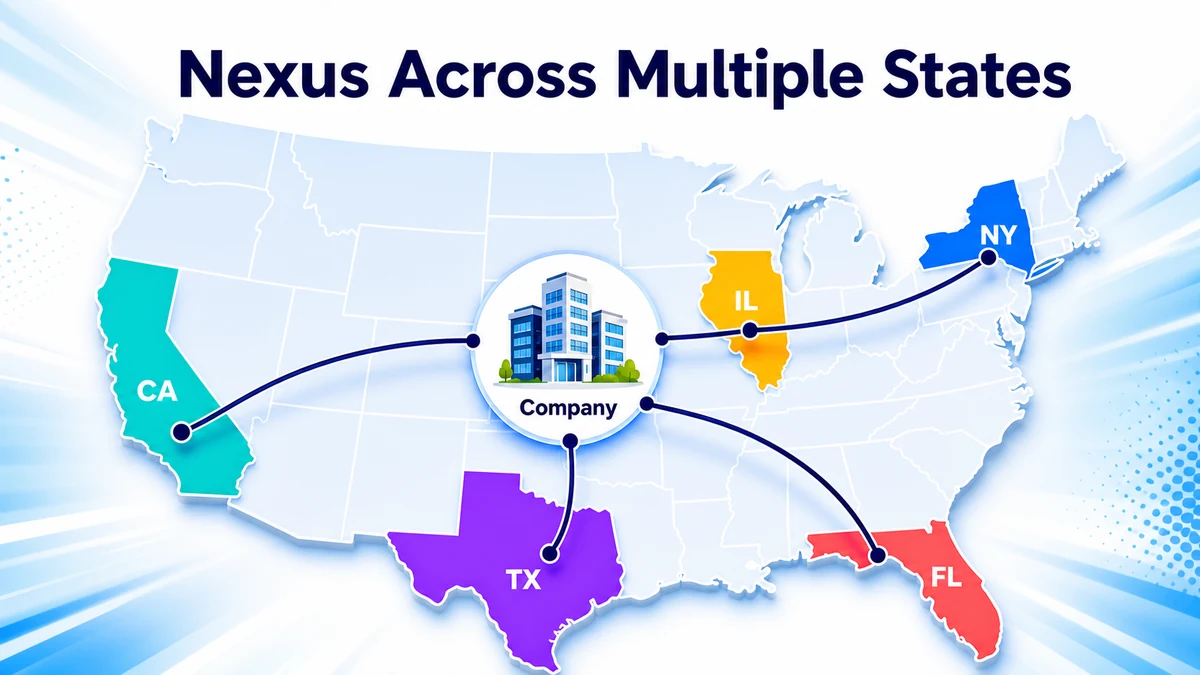 A US map with several states highlighted — illustration for state tax nexus and a company's presence across multiple states