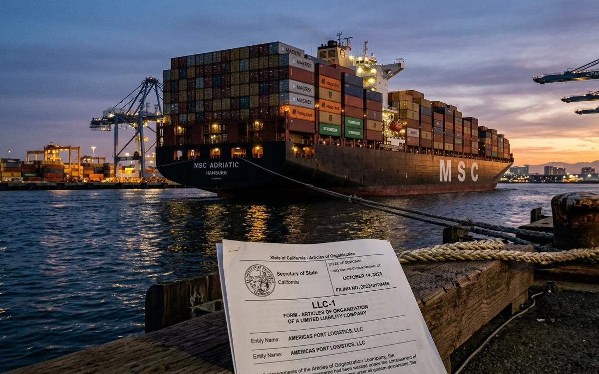 Container at a US port labeled with country-of-origin next to a customs checkpoint — illustration of US imports and tariff policy