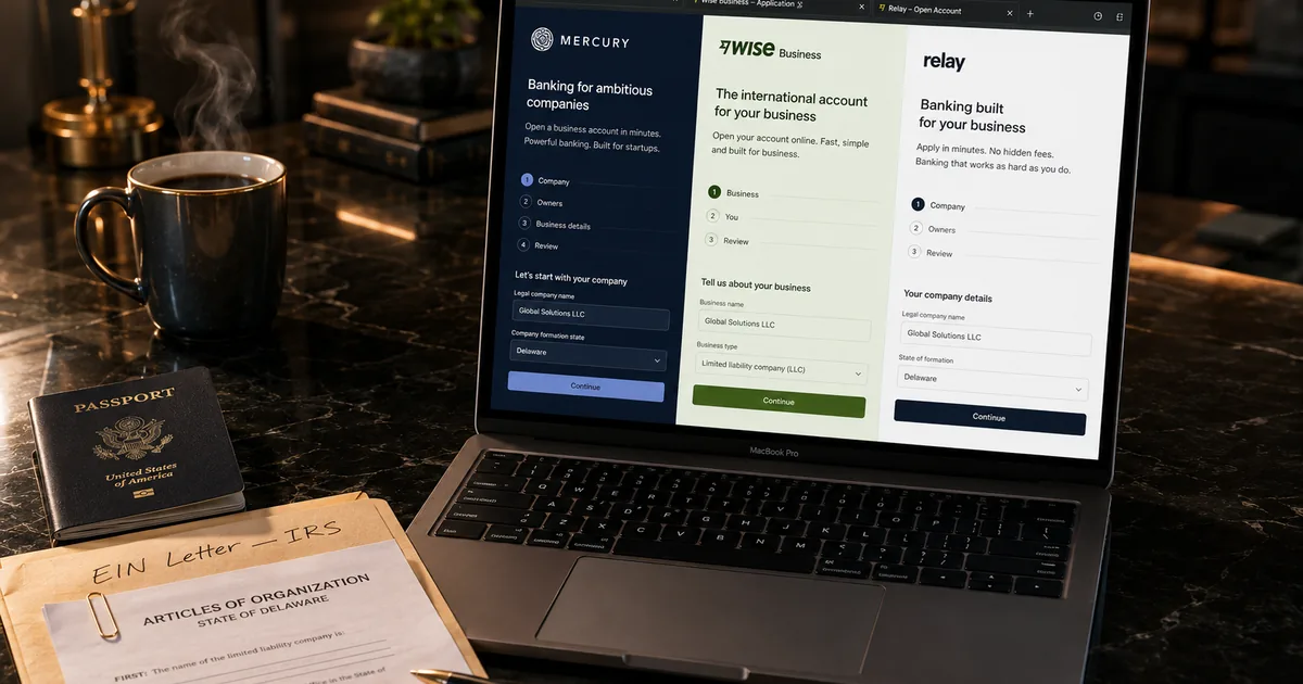 Laptop showing Mercury, Wise, and Relay sites, a passport and EIN documents next to it