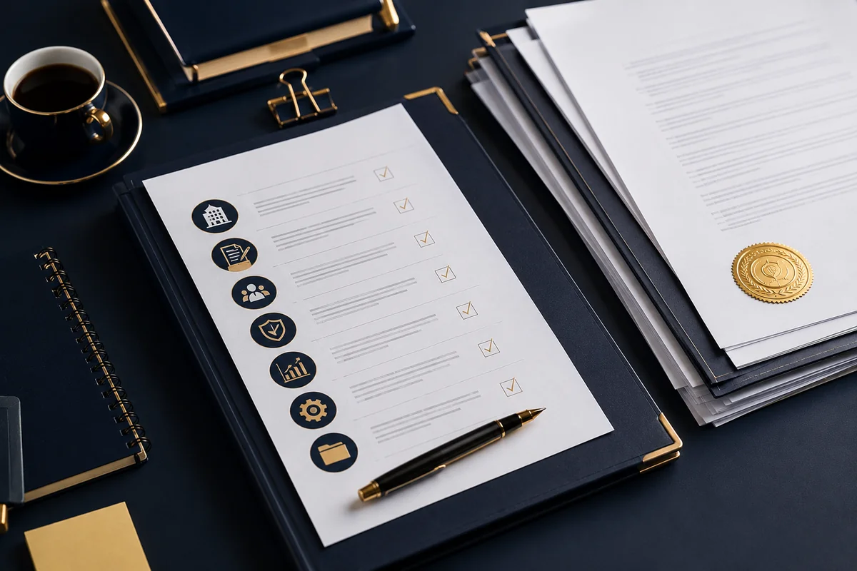 Dark navy desk with a company-documents checklist folder, gold check marks, a fountain pen and a document bearing a gold seal