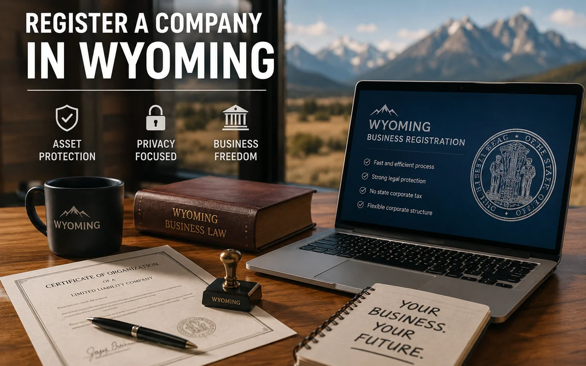 Wyoming state outline next to a banking app screen showing an account-frozen notification — illustration of the Wyoming LLC banking problem